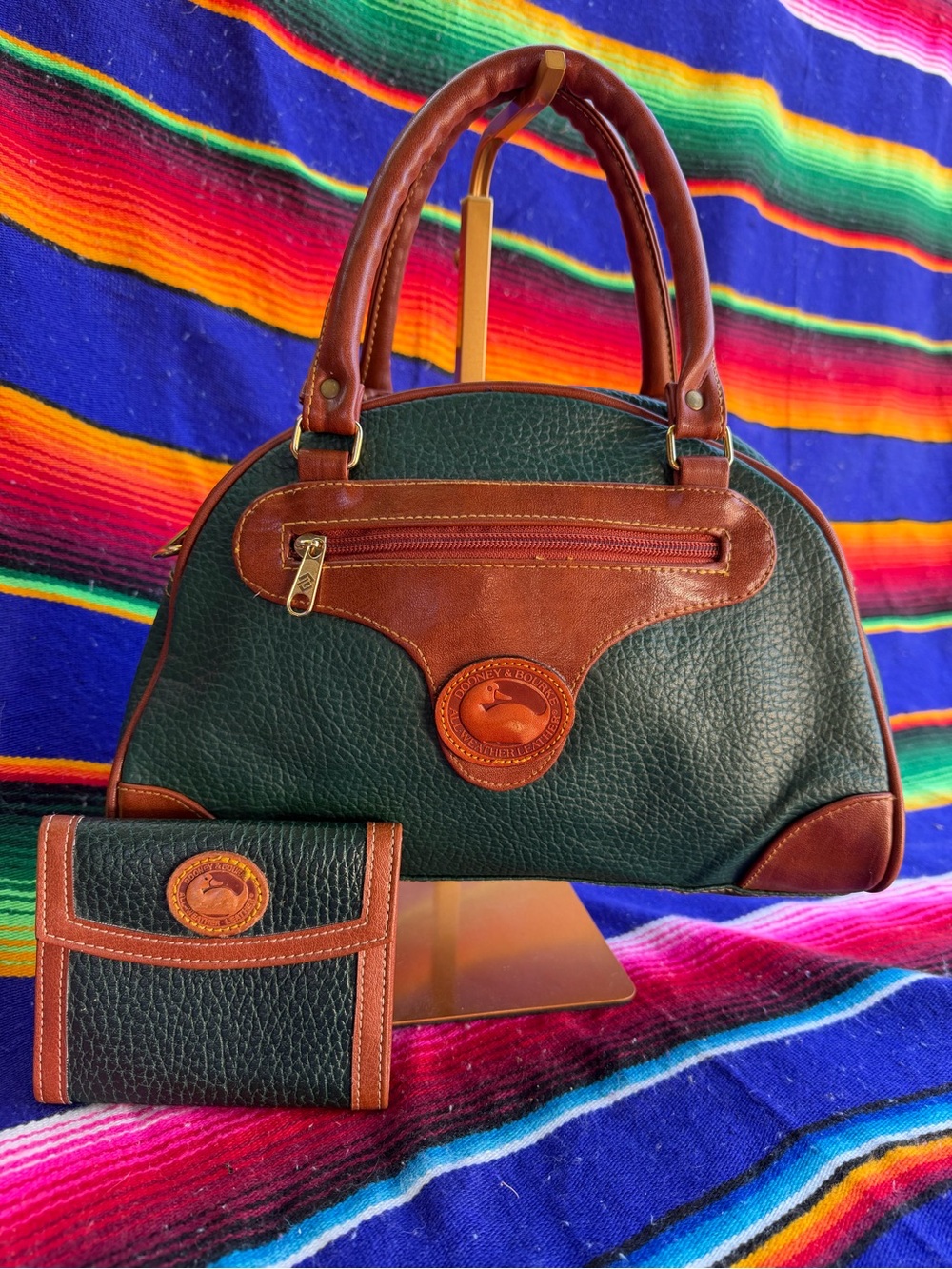 Dooney & Bourke(inspired)Green Leather Satchel with Brown Trim